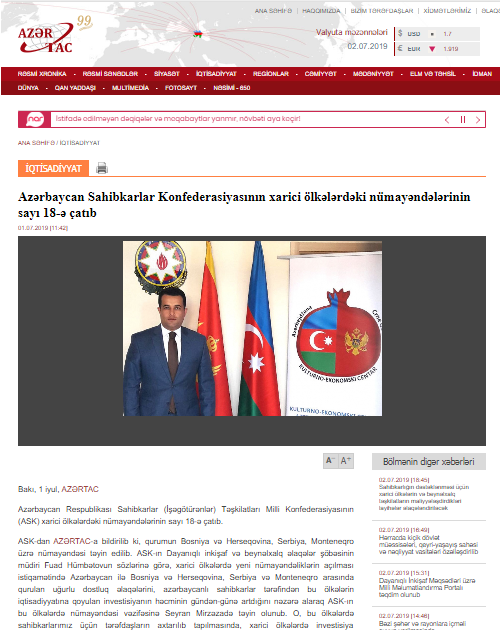Azərbaycan Sahibkarlar Konfederasiyasının xarici ölkələrdəki nümayəndələrinin sayı 18-ə çatıb 